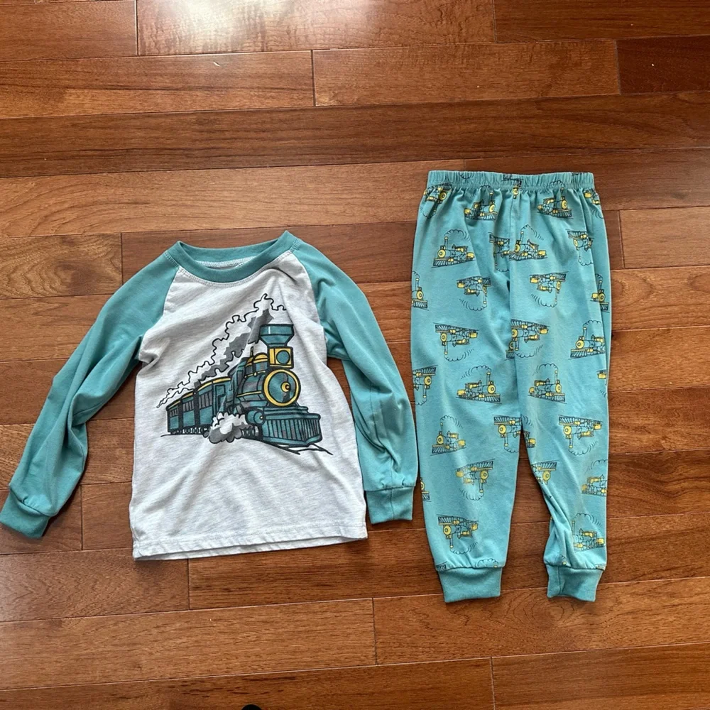 Kids Train Pajamas Set - Teal and Gray